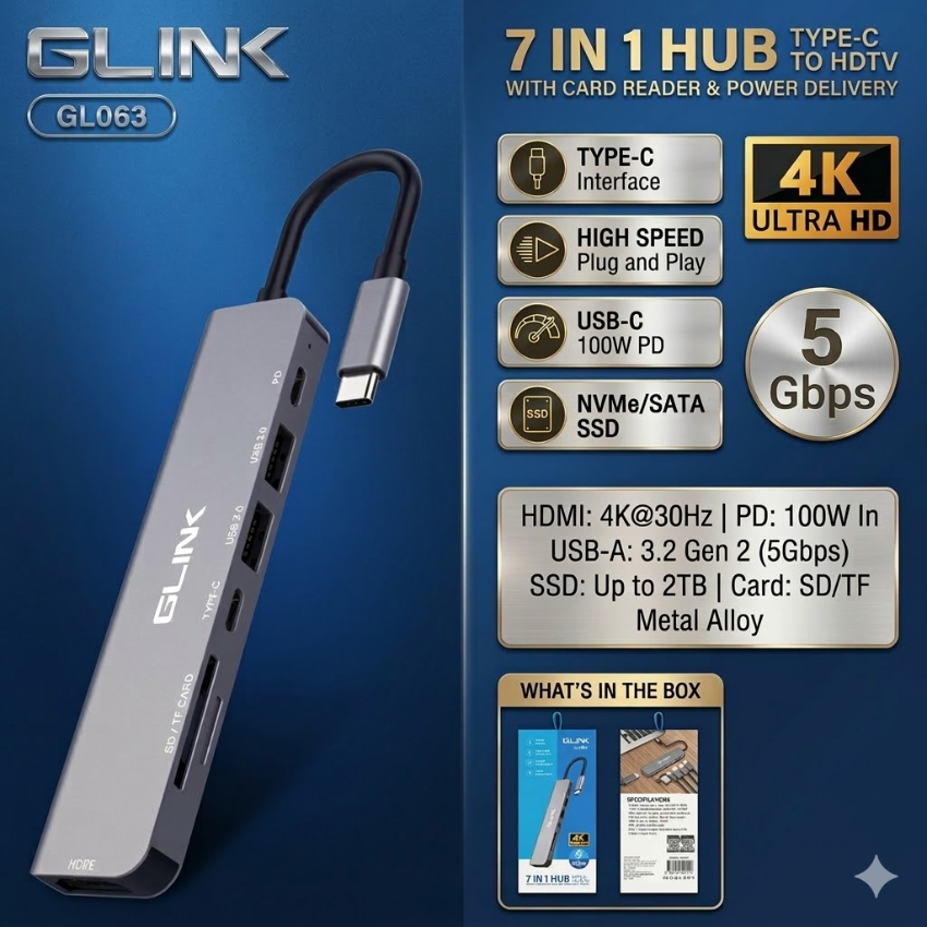 GLINK USB-C Hub 7 in 1 ต่อจอ HDMI + Card Reader + ชาร์จ PD รุ่น GL-063