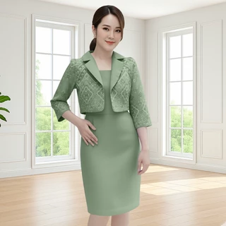 MOCCA's ชุดเดรสผ้าซอฟท์สูทอัดกาว งานเสื้อคลุมเย็บติดกัน งานลายไทย กระโปรงสีพื้น คอปก แขนคลุมศอก