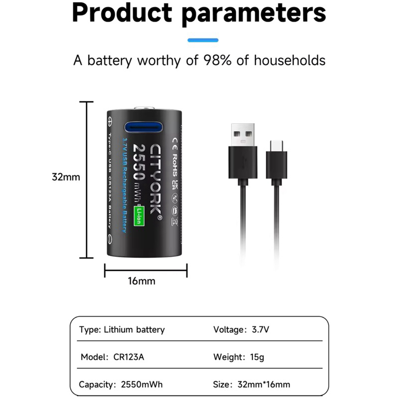 ถ่านชาร์จ CR123A Rechargeable Battery USB Type-C Fast Charge 3.7V 2550mAh lithium CR123 battery