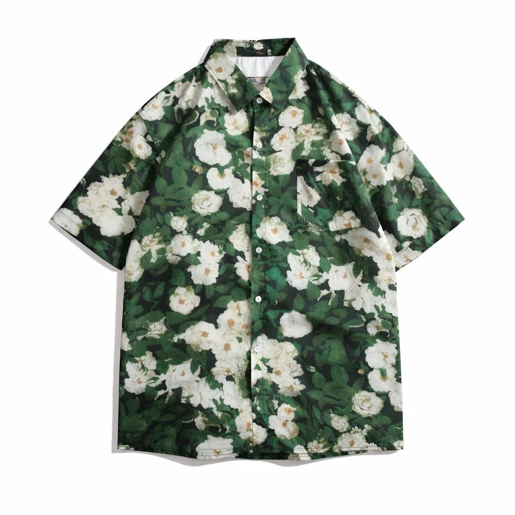 เสื้อเชิ้ตลายดอกวินเทจ แขนสั้น คอปก