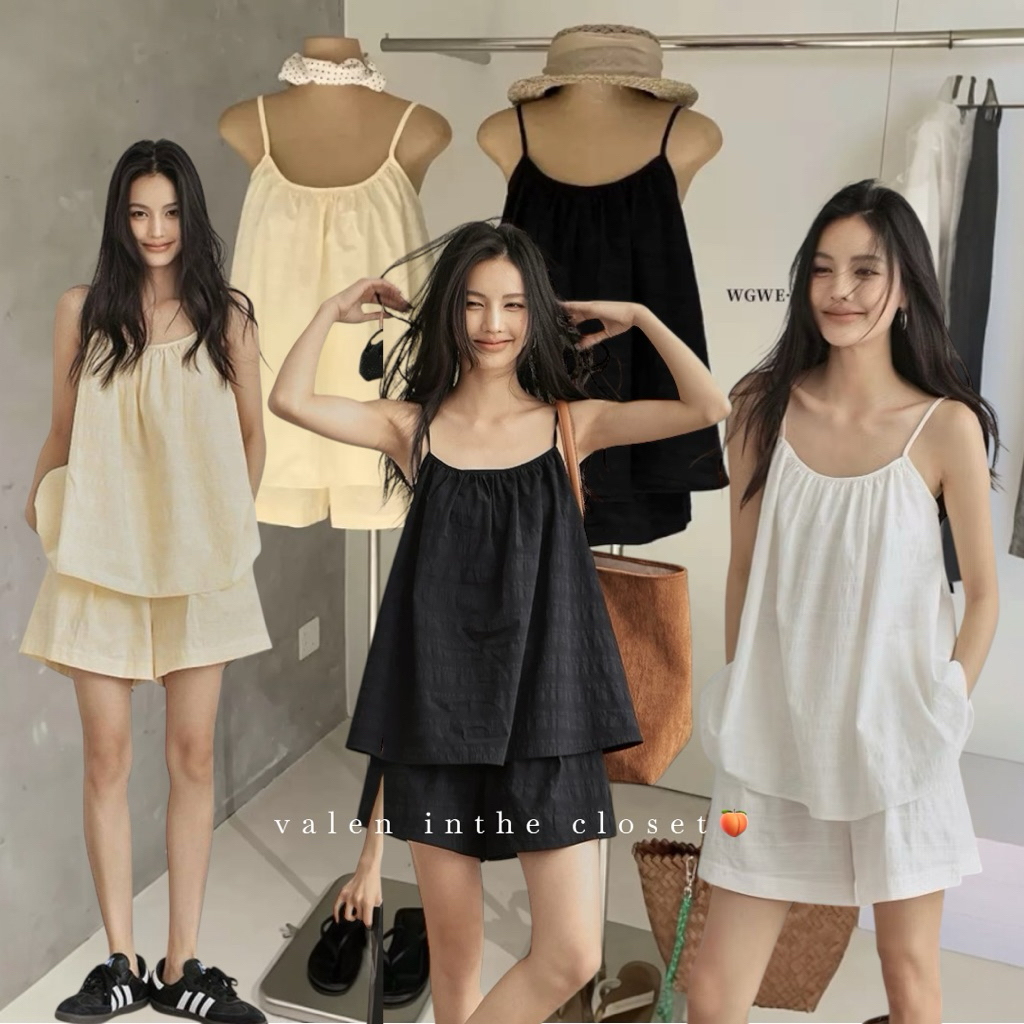 ส่งด่วน 🛵 𝐖𝐆.𝐖𝐄 8850 Set 2 pcs. เสื้อสายเดี่ยว สายปรับระดับได้ มาพร้อมกางเกงขาสั้น เอวสม็อก