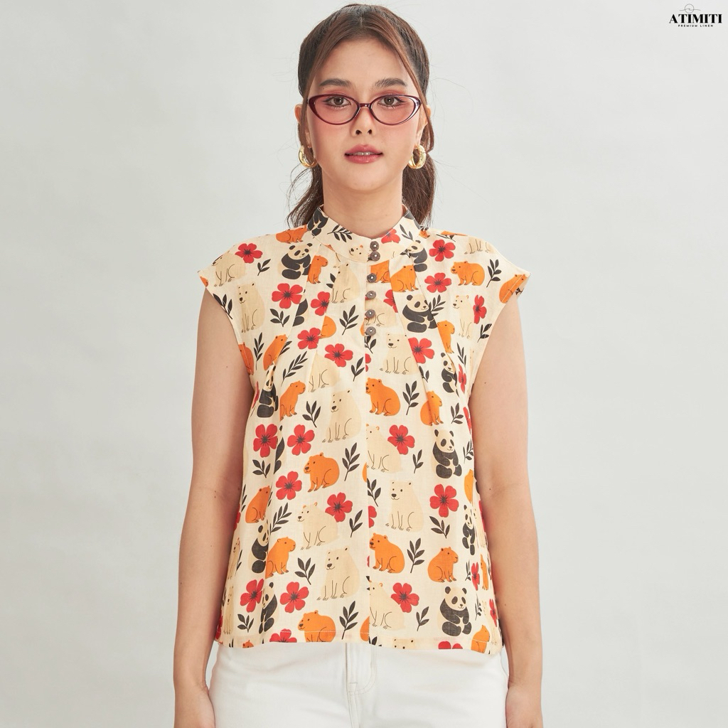 Atimiti เสื้อลินินแท้ 100% คอจีน แขนล้ำ กระดุมโปโลแบบห่วง ด้านหน้าจับจีบรอบคอ ด้านหลังพื้นขาว ชายเสื้อบาน “อก 42 นิ้ว”
