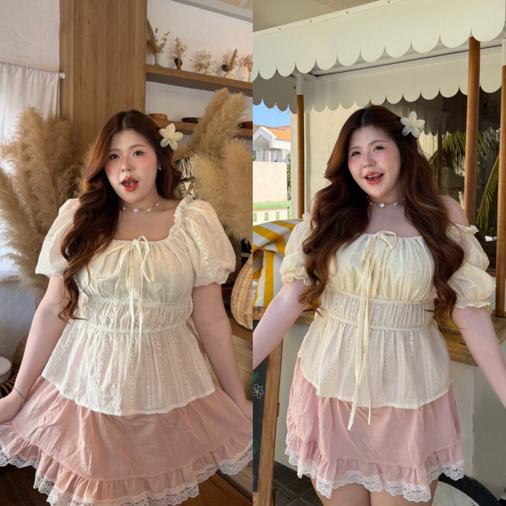 เสื้อปาดไหล่ แขนตุ๊กตา เสื้อสาวอวบ ผ้าฉลุ อก38-50นิ้ว Freesize