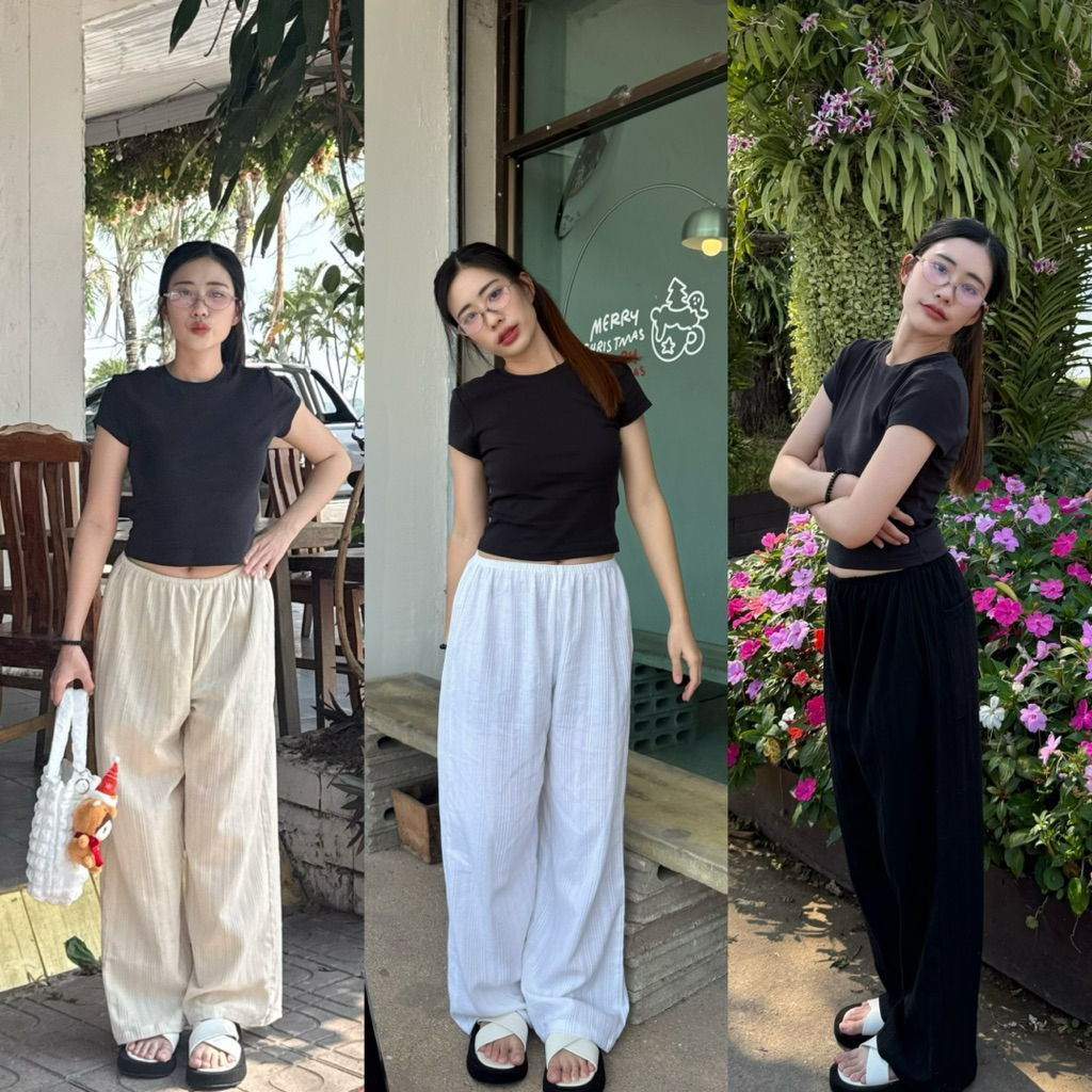 Rachel💐 กางเกงขายาวเอวยางยืดกระเป๋าหลังผ้าด็อบบี้ฝ้ายแท้ 100% กางเกงไปทะเล กางเกงชายหาด มินิมอล