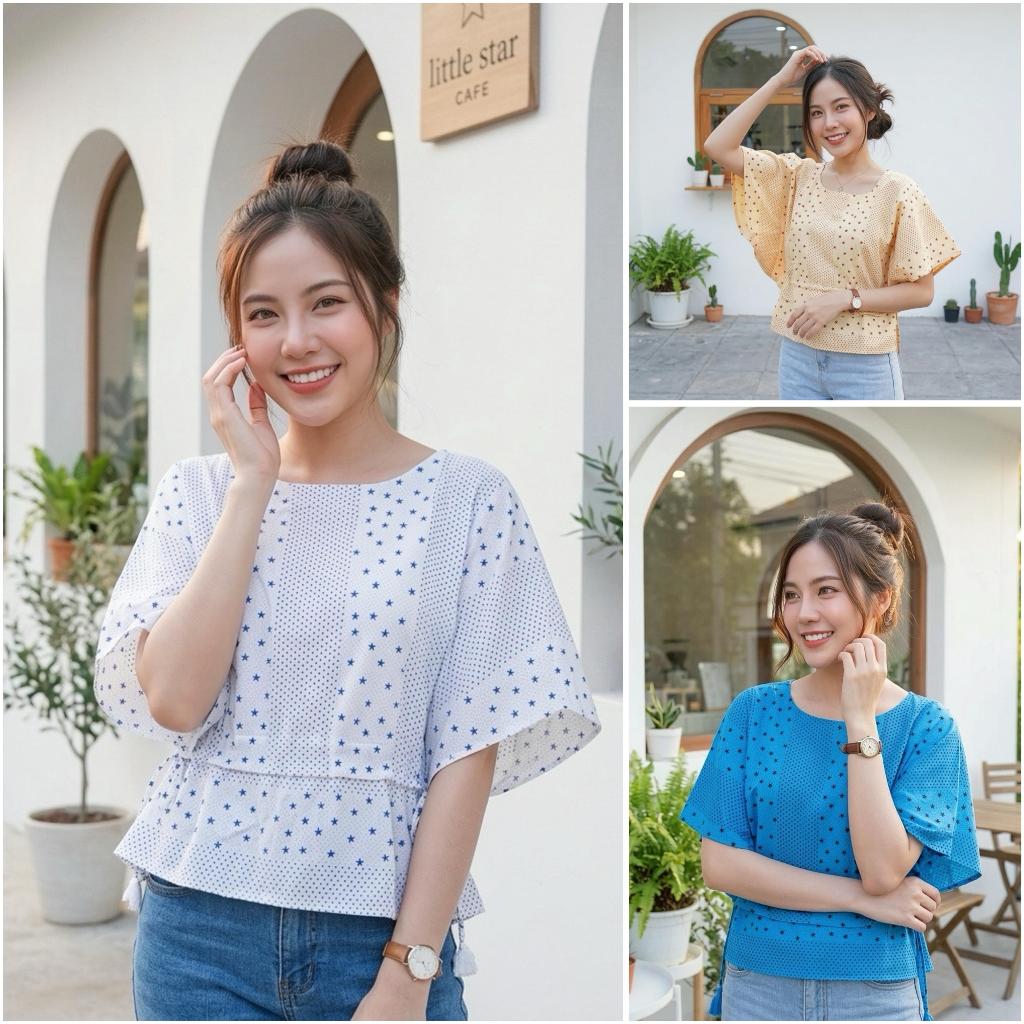 เสื้อผ้าฝ้ายผู้หญิง ทรงแขนค้างคาว ปรับเชือกตรงเอวได้ ทรงสวยใส่สบาย