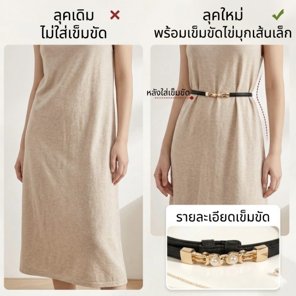 YIYIHOME เข็มขัดผู้หญิง เข็มขัดหนัง เข็มขัดเส้นเล็ก หัวเข็มขัดมุก เข็มขัดแฟชั่น สไตล์เกาหลี ราคา ถูกที่สุด ดีลบีเคเค แกลเลอรีภาพที่ 3