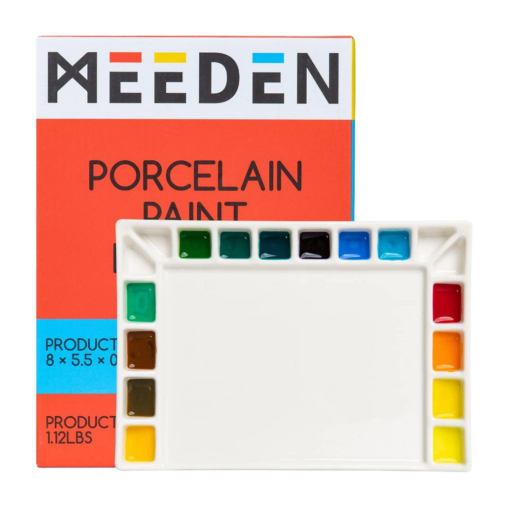 MEEDEN จานสีเซรามิก 18 ช่อง Ceramic Watercolor Palette ผิวเคลือบพิเศษ ผสมสีง่าย สำหรับสีน้ำ