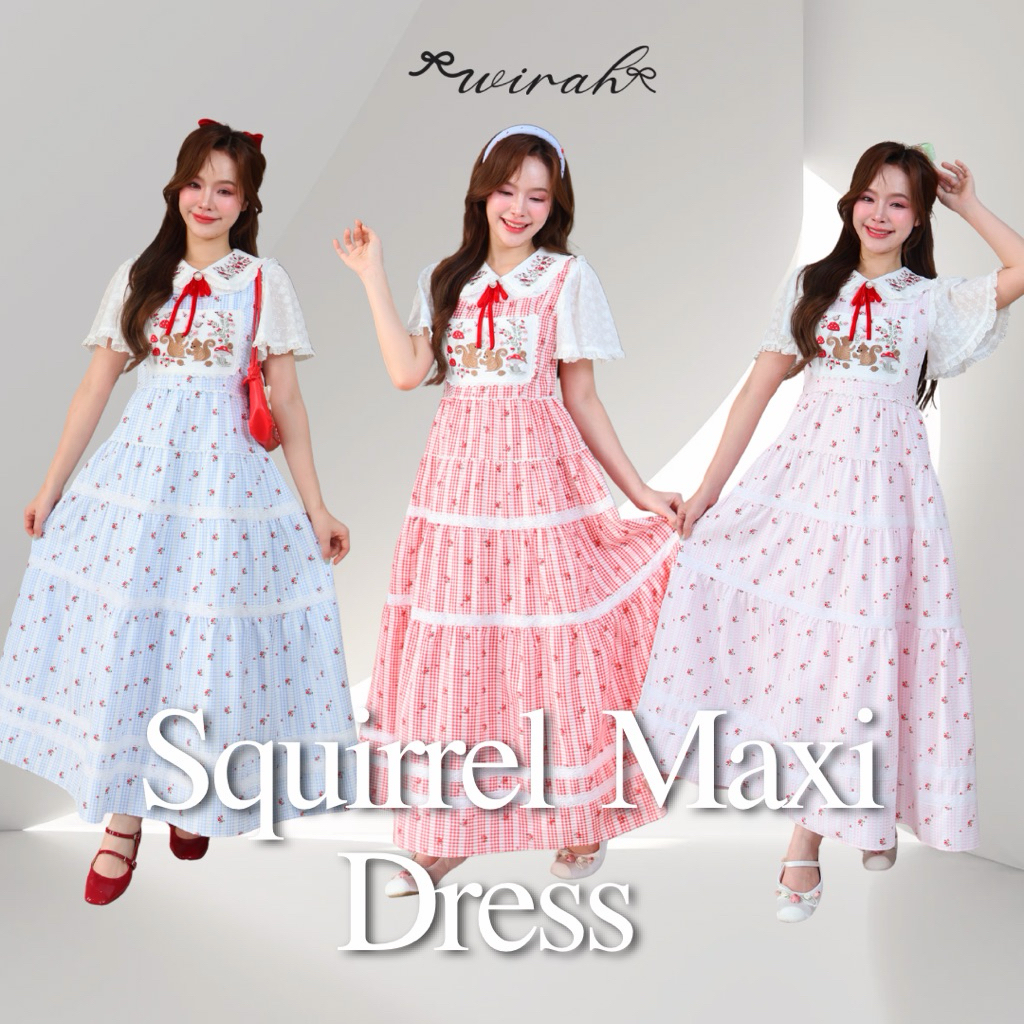DW339 Squirrel Maxi Dress ชุดเดรสยาวผ้าทอลาย งานปักสวยฉ่ำน้องกระรอกสุดน่ารัก พร้อมเข็มกลัดสีแดง