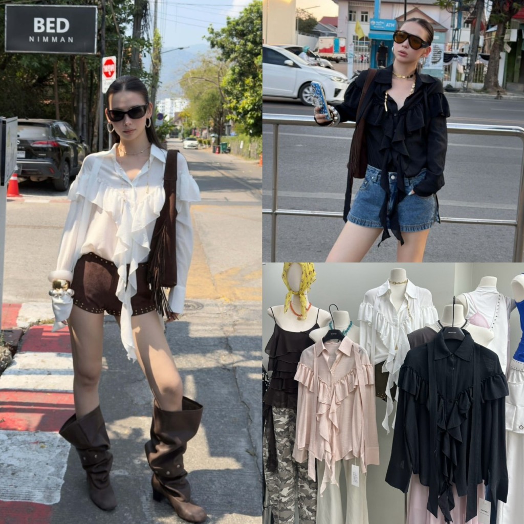 เสื้อแขนยาวคอปกแต่งผ้าช่วงอกรุ่น SU101 TAG MM FISH 🇰🇷