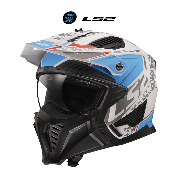 LS2 Helmets - Drifter OF606 Devor Matt White Blue - หมวกกันน็อคเต็มเปิดหน้า