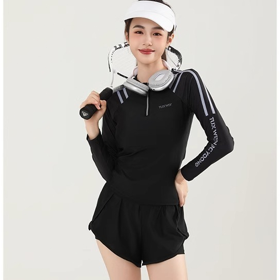 ชุดทูพีซวอร์มชายหาดแขนยาว [Ships from Bangkok] เสื้อมีซับใน มีสีดำ ชมพู และฟ้า # S2A148