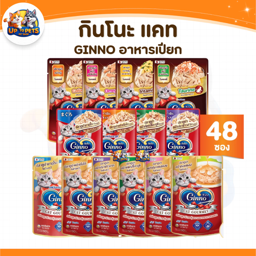 [ยกลัง 48 ซอง ] Ginno กินโนะ อาหารเปียกแมว ไม่เติมเกลือ เนื้อแน่น กลิ่นหอม เปียกแมว ขนาด 60g