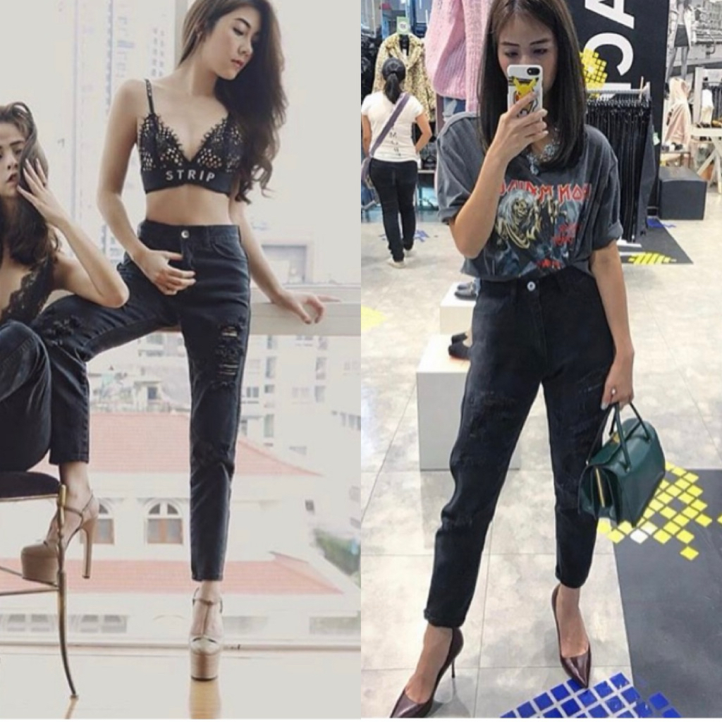 PSmaterial (2nd) : S Denim กางเกงยีนส์ แต่งขาด สีดำ