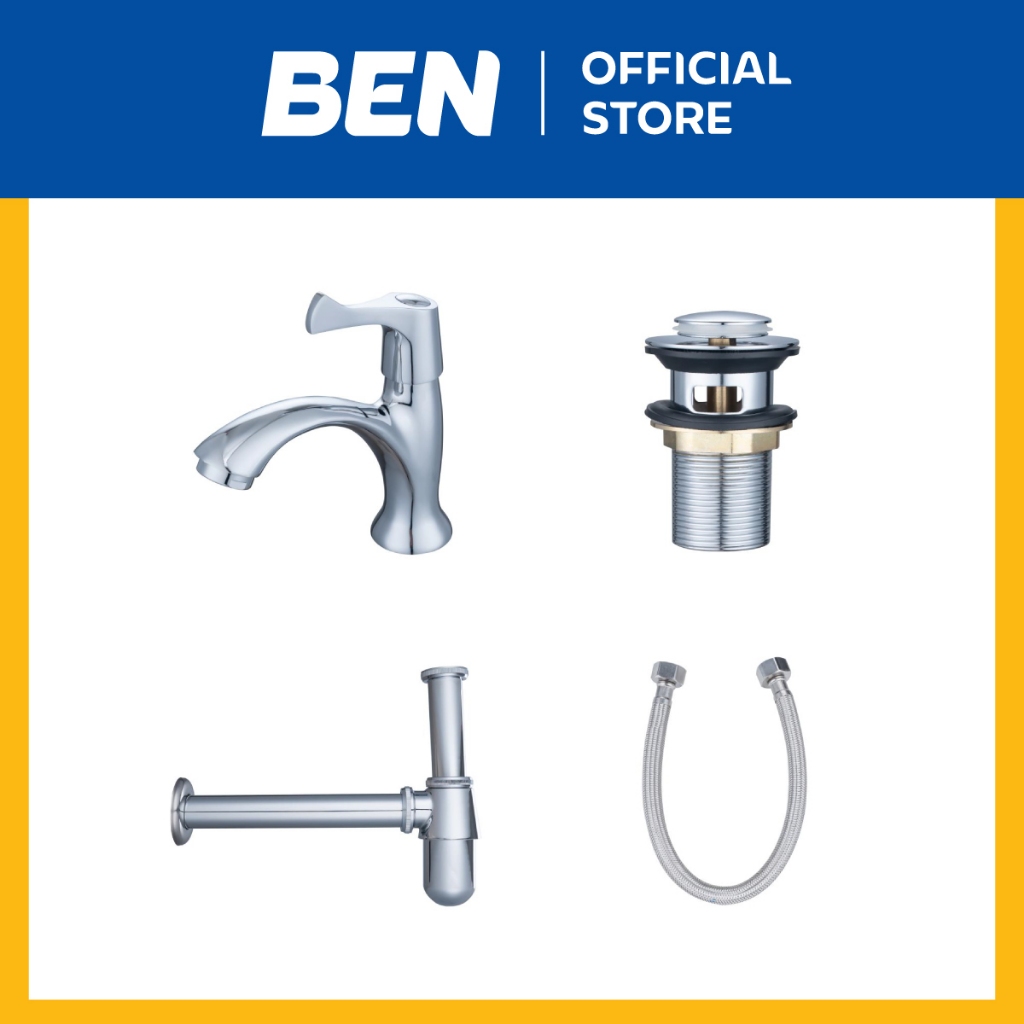 ฺBEN BENTO555 ชุดก๊อกล้างหน้าพร้อมอุปกรณ์ 4 ชิ้น ก๊อกสแตนเลส / สะดือPop-up / สายน้ำดี / ท่อน้ำทิ้งกระปุก สีโครเมียมเงา