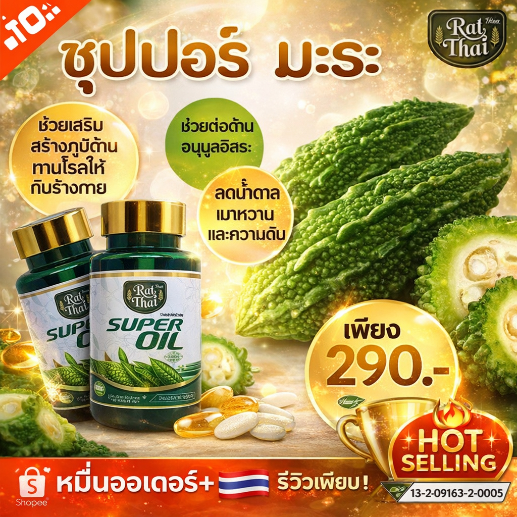 Raithai Mara Plus น้ำมันมะระสกัดเย็นผลิตจากมะระและแตงกวาขม แต่ละขวดบรรจุ 60 แคปซูล (มีส่วนลดสำหรับการซื้อสองขวดขึ้นไป)