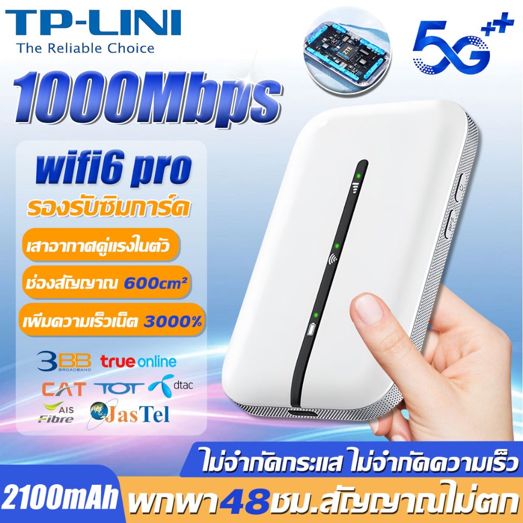[รับประกัน 5 ปี] ไวไฟพกพา 1500Mbps 4G/5G WIFI รองรับทุกซิม เชื่อมต่อหลายเครื่อง โมบายไวไฟ Pocket WiFi ไวไฟพกพาใส่ซิม