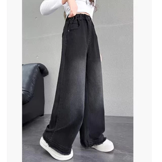 Girls' jeans Black กางเกงยีนส์ขาตรงสีดำสุดอินเทรนด์และมีสไตล์ การออกแบบแถบยางยืด กางเกงยีนส์ทรงตรงลำลอง 120-170 HOT