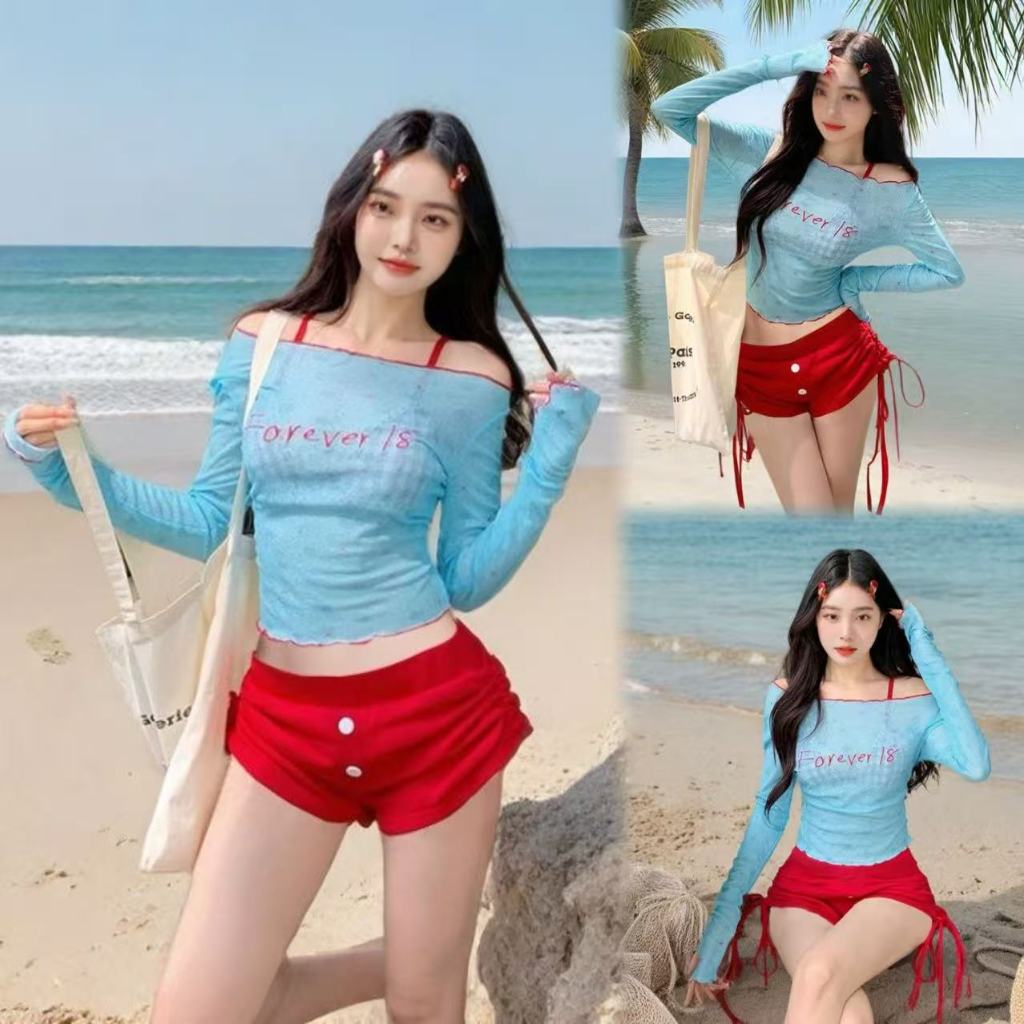 🌸Swift Bra🌸Sexy bikini บิกินี่ 4 ชิ้น บิกินี่ + เสื้อคลุม + กางเกงขาสั้น ลายตารางหมากรุก รุ่นใหม่