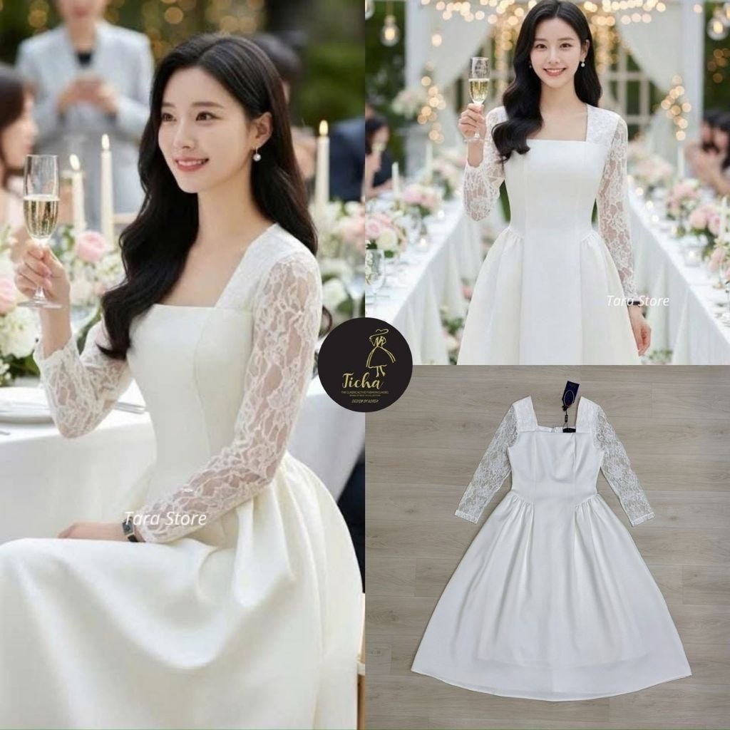 Ticha Maxi เดรสแขนยาวสีขาว คอเหลี่ยม เทคเจอร์ผ้าอัดกาวเนื้อผ้ามีน้ำหนัก ดีเทลแขนแต่งด้วยผ้าลูกไม้ชีทรู