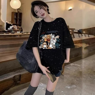 เสื้อยืดวินเทจทรงหลวมสำหรับผู้หญิง oversize เสื้อผ้าสาวอวบคนอ้วนไซส์ใหญ่ พิมพ์ลายประดับเลื่อม แฟชั่นเกาหลี กําลังฮิตใหม่