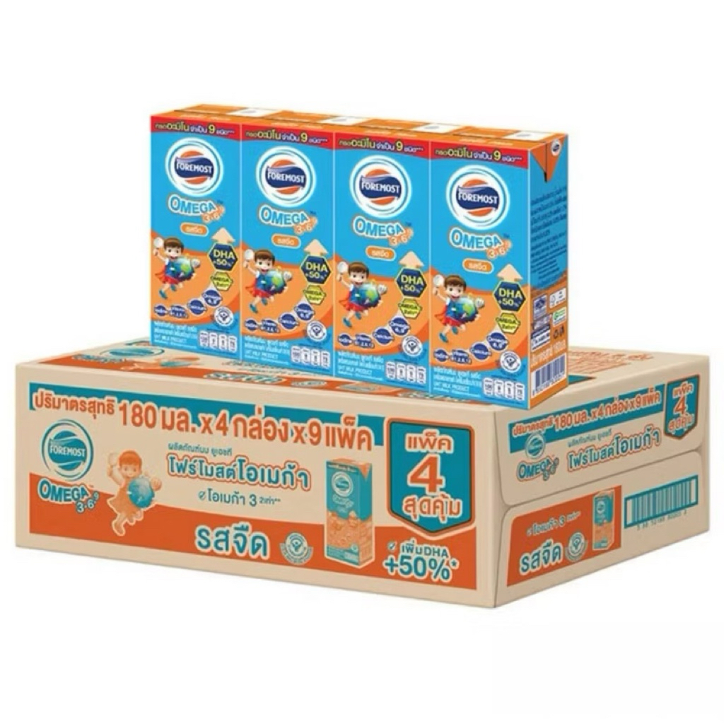 UHT[ขายยกลัง] FOREMOST โฟร์โมสต์ โอเมก้า นมยูเอชที รสจืด 180 มล. 36 กล่อง