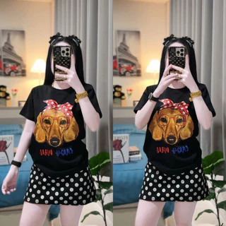 เซตเสื้อและกระโปรงลายน้องหมาโบว์ ผ้าเนื้อนุ่ม ใส่สบาย ขนาดฟรีไซส์