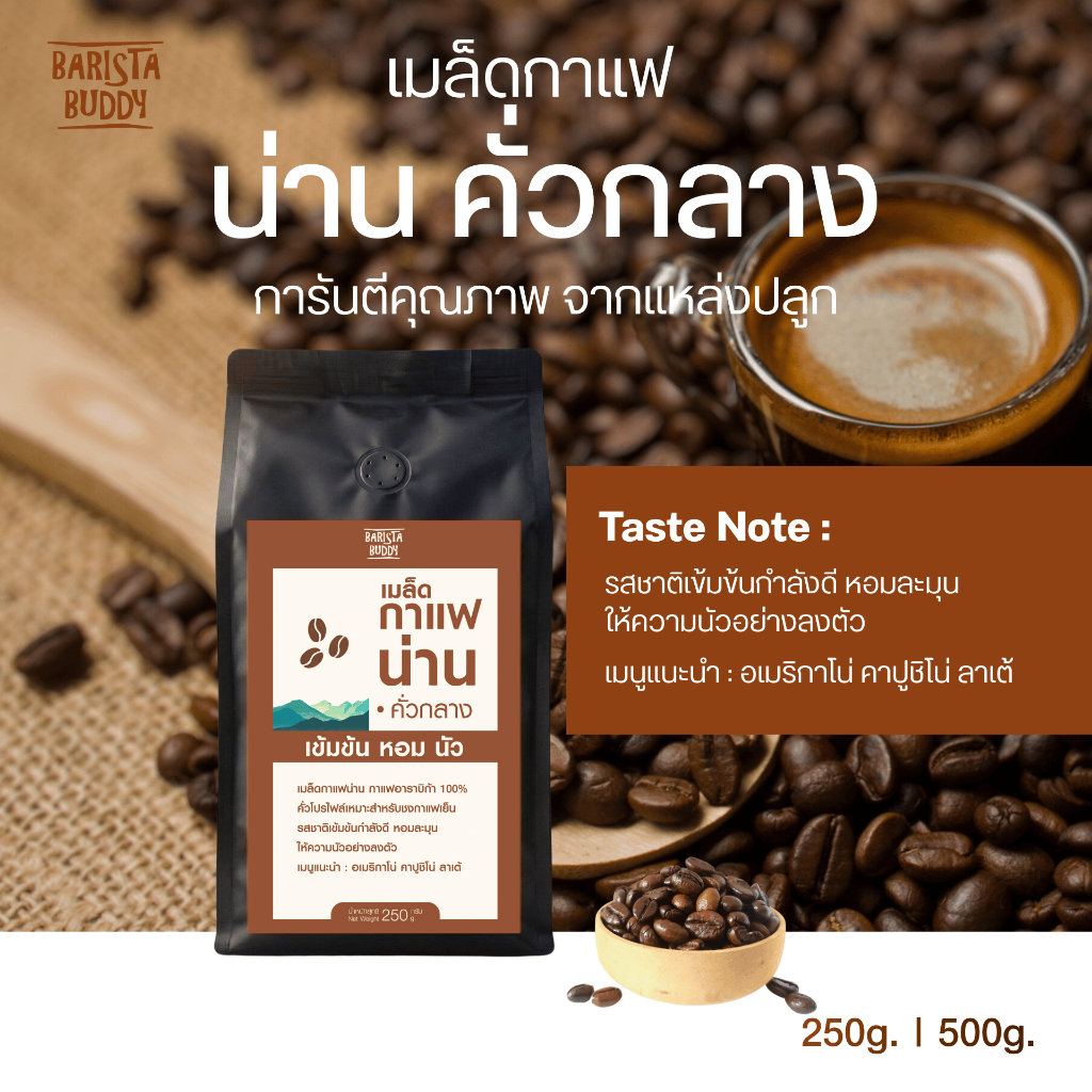 [บริการบดฟรี] Barista Buddy เมล็ดกาแฟน่าน คั่วกลาง อาราบิก้า 100% ขนาด 250/500 กรัม **อ่านก่อนสั่ง**