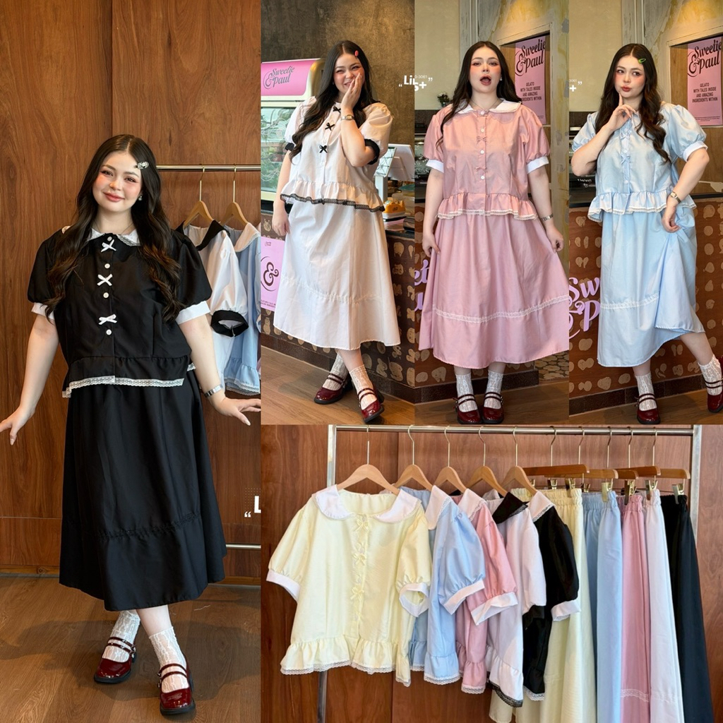 /LD/ ชุดเซ็ตเสื้อคอบัว มีไซส์อก40-52 เสื้อแต่งโบว์และลูกไม้+กระโปรงเอวสม็อครอบตัว ผ้าคอตตอน ใส่เซ็ตหรือแยก แมทช์ง่าย