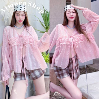 🔥aimorn_shop🔥เสื้อคอวี แต่งผูกโบว์หน้า ปลายแขนจั้ม สาวอวบใส่ได้ งานผ้าพริ้ว แต่งลายดอกสวยๆ