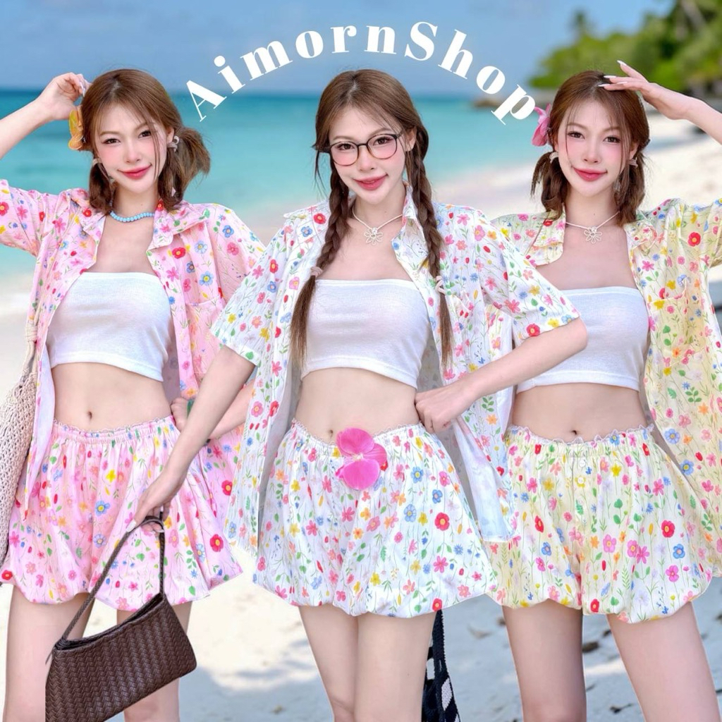 🔥aimorn_shop🔥 ชุดเซต 2 ชิ้น เสื้อเชิ้ตแขนสั้น+กางเกงบอลลูนขาสั้น ลายริ้วเพิ่มเทคเจอร์ลายดอกน่ารักๆ งานใหม่ กำลังฮิต