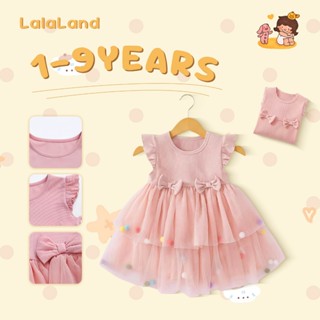 1-9 ปี สีชมพู ชุดเดรสเด็กผู้หญิง สไตล์น่ารัก แฟชั่น ระบายอาก…