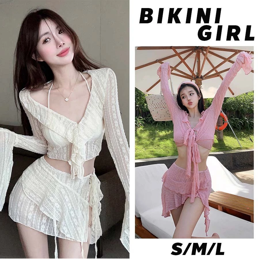 ชุดบิกินี่ 4 ชิ้น เซ็กซี่ แขนยาว แขนระฆัง เอวสูง กระโปรงสั้น ระบายอากาศได้ดี เรียบง่าย ทันสมัย