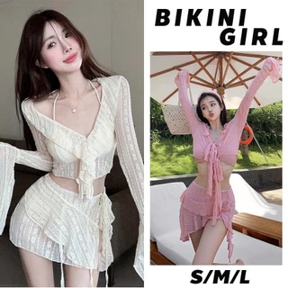 ชุดบิกินี่ 4 ชิ้น เซ็กซี่ แขนยาว แขนระฆัง เอวสูง กระโปรงสั้น ระบายอากาศได้ดี เรียบง่าย ทันสมัย