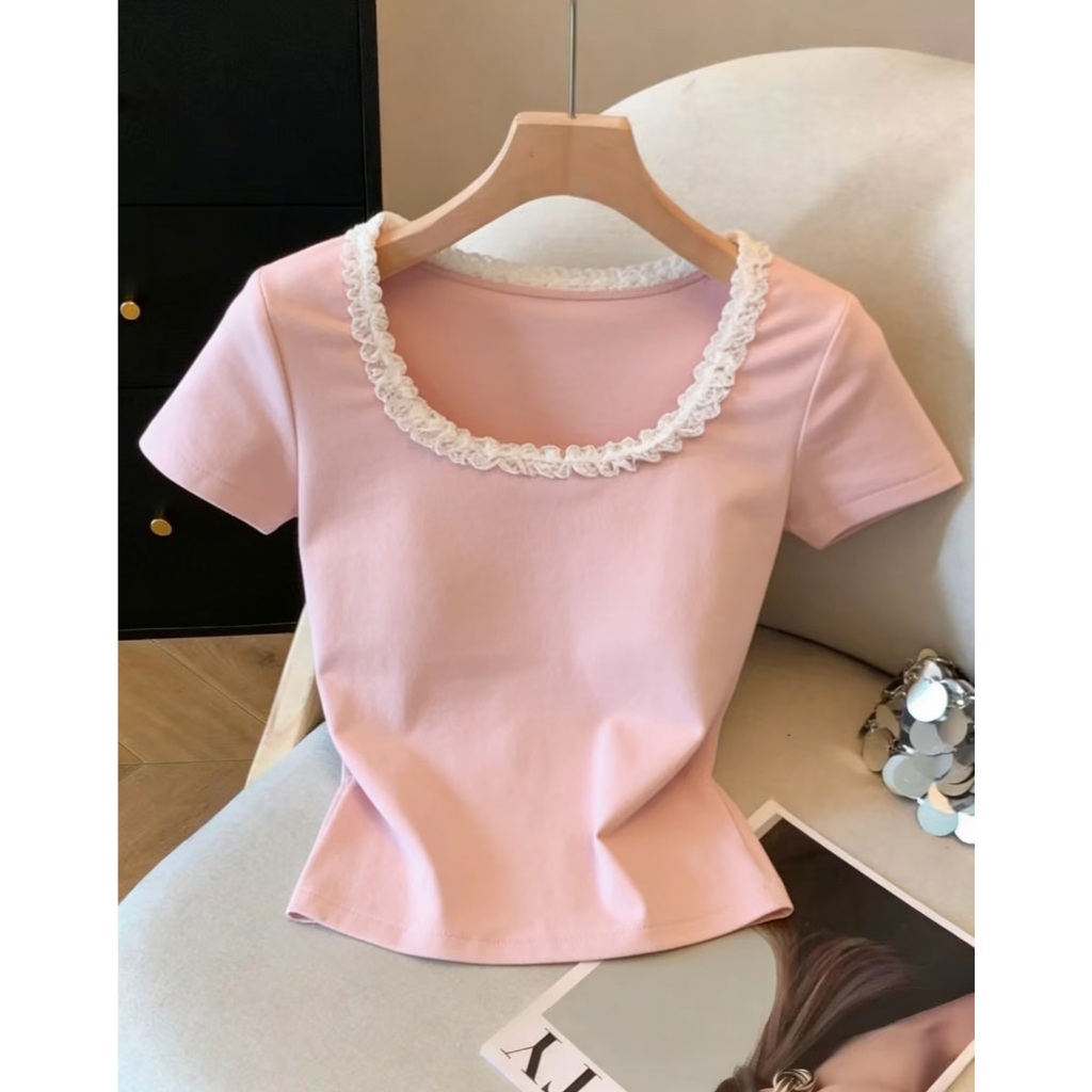 เสื้อแขนสั้นสไตล์เกาหลีใหม่สำหรับผู้หญิง เสื้อลูกไม้คอ U มีไซส์ M-3XL ดีไซน์ไม่ซ้ำใคร มีให้เลือก 2 ส