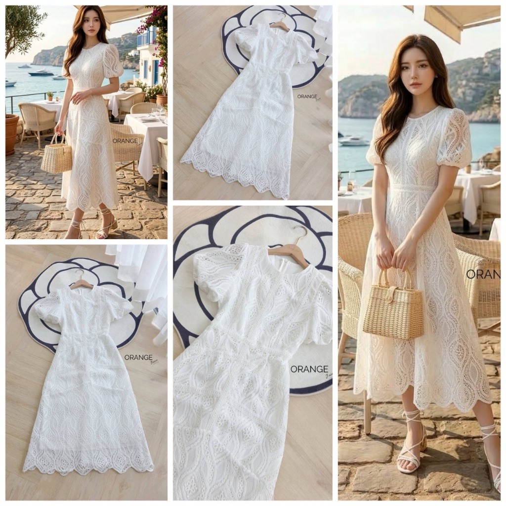 ‼️✨มีบริการส่งด่วนนะคะ✅NADA159 ชุดเดรสลูกไม้สีขาว ชุดเดรสทำบุญ งานป้าย Orange Juice