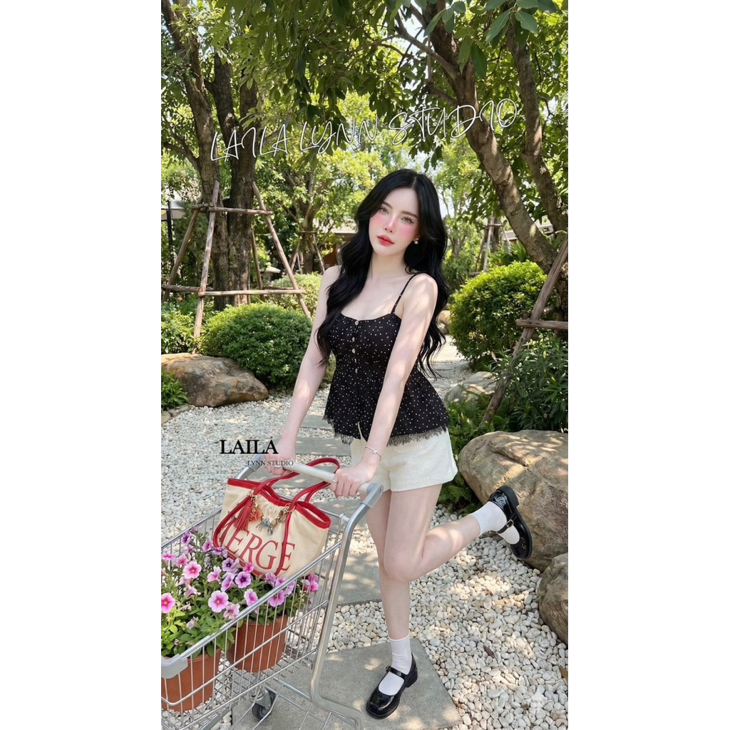 Pink Dot Camisole Set เซ็ตสายเดี่ยว + กางเกง ผ้าทวิต รูปที่ 8