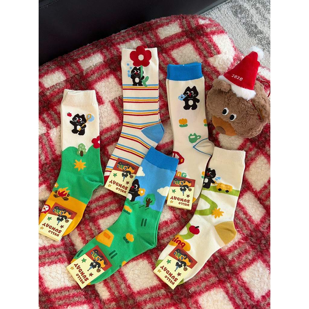 MIX’S SOCKS ถุงเท้าข้อยาวทาสแมว ลายน้องแมวดำน่ารักๆใส่ไปเที่ยวไปคาเฟ่ ไปแคมป์ปิ้ง ใส่นอน ทาสแมวต้องมี ไซส์36–42us