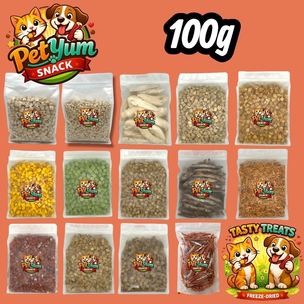 PYS ฟรีซดรายแมว 100กรัม อกไก่เต๋า หน้าอกไก่ชิ้น ไข่แดง หญ้าแมว แซลมอน ปลาไข่ กุ้งคริลล์ ขนมแมว ขนมสุนัข