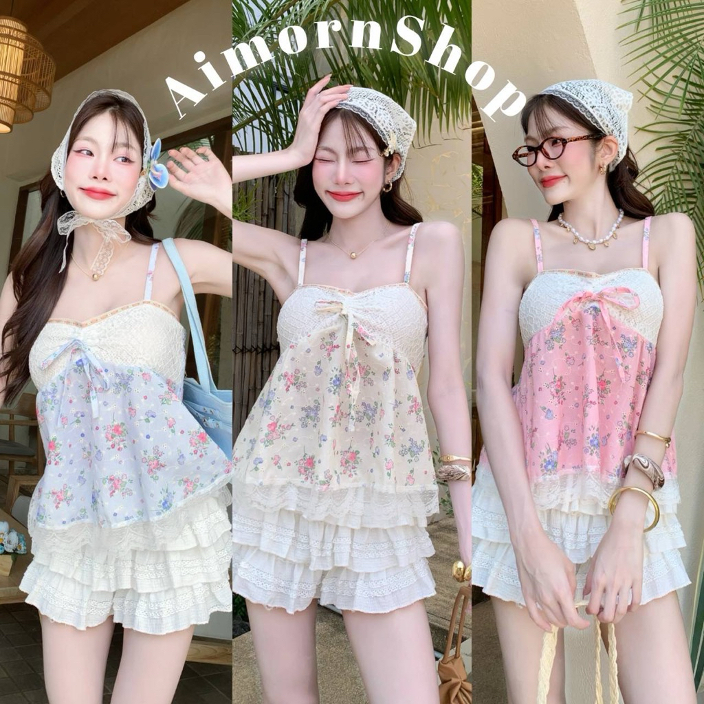 aimorn_shop สายเดี่ยวลายดอก ผูกโบว์หน้า แต่งขอบลูกไม้สวยๆ งานรับซัมเมอร์เริสๆ มีผ้าโพกหัวให้ด้วย