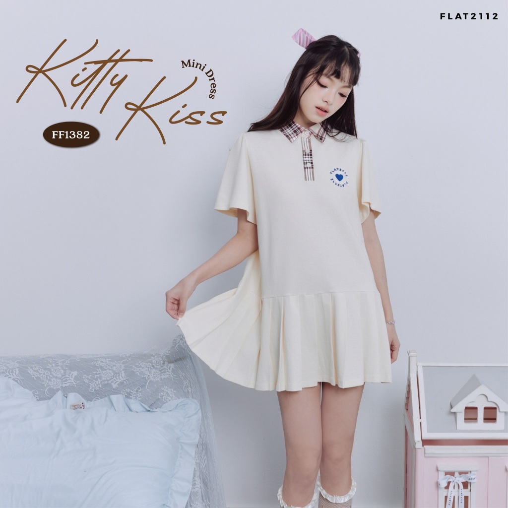 FLAT2112 : KITTY KISS MINI DRESS  เดรสโปโลผู้หญิง เดรสโปโลเกาหลี เดรสสไตล์เกาหลี เดรสปกเชิ้ตลายสก็อต (FF1382)