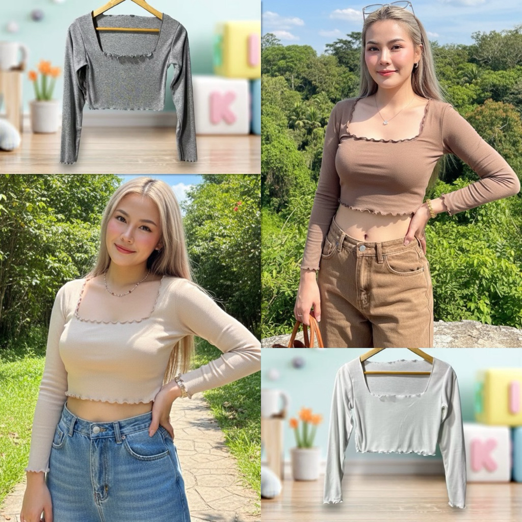 Sns308🧁เสื้อครอป🍮คอเหลี่ยม🥧แขนยาวขอบหยัก