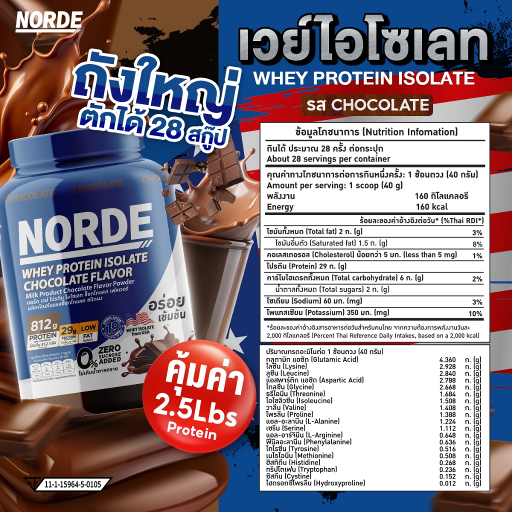 Norde Whey Protein Isolate เวย์โปรตีน ไอโซเลท เสริมสร้างกล้ามเนื้อ โปรตีนสูง 29g  กระปุกใหญ่ 2.5 lbs ราคา ถูกที่สุด ดีลบีเคเค แกลเลอรีภาพที่ 6