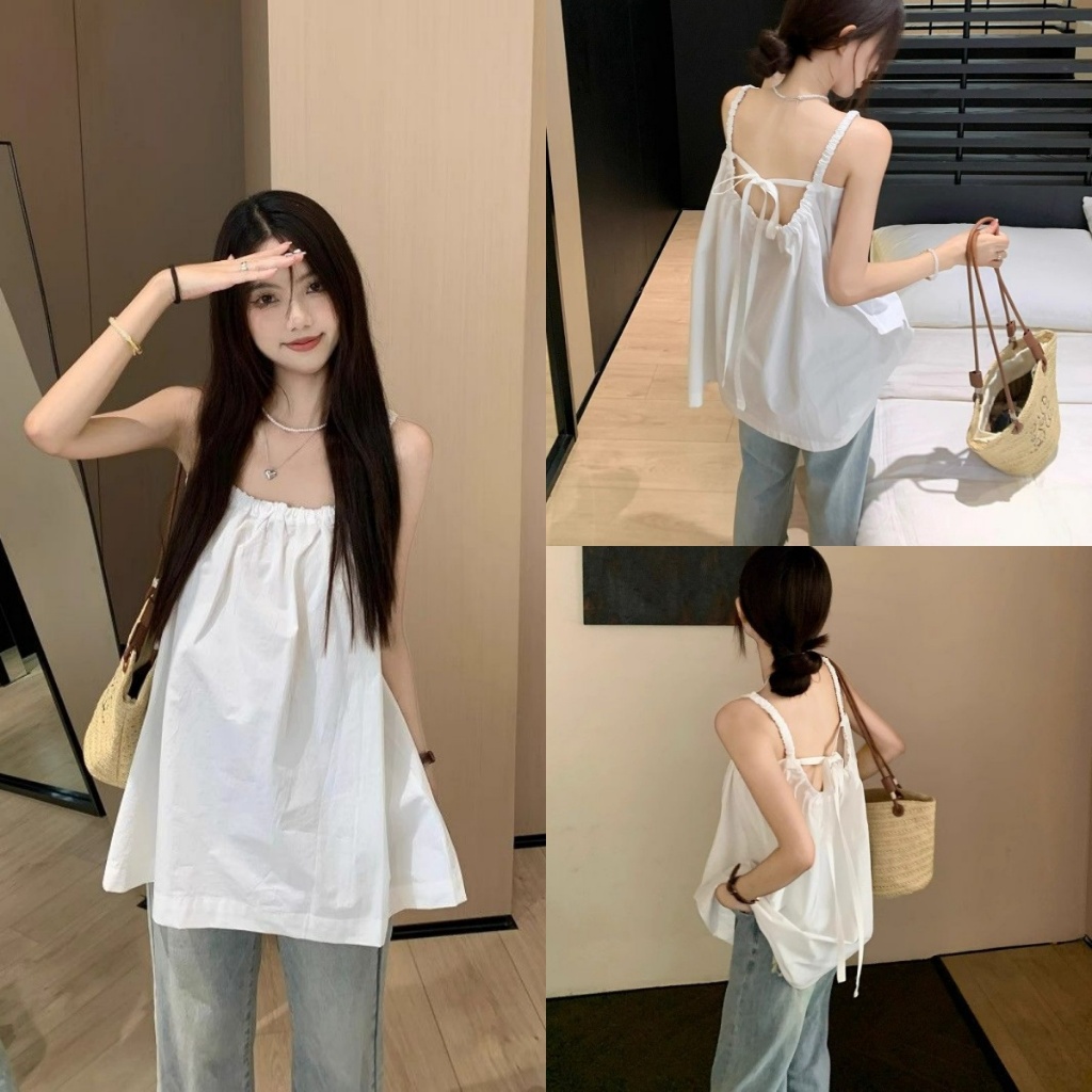 เสื้อแขนกุดสีเรียบ เสื้อสายเดี่ยว สไตล์ลำลอง แมทช์ง่าย ใส่สบายดูผอม มีผ่าด้านข้าง และดีไซน์เว้าแหว่งที่ด้านหลัง