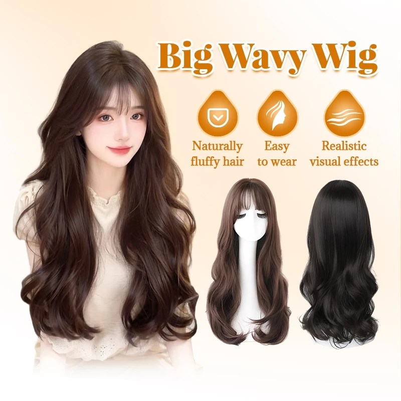 วิกผมหยิกยาว 68 ซม พร้อมหน้าม้า วิกผมยาวหยิกลอนใหญ่ วิกผมสังเคราะห์ วิกผมแบบเต็มศีรษะ สวยทันสมัย