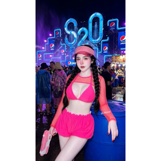 #BK เซตแขนผ้าตาข่าย+บราเสริมฟองน้ำ+กางเกงขาสั้น แถมกระเป๋า  …