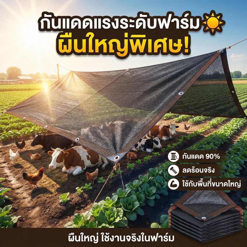สแลนกันแดด HDPE เกรด A กันแดด 90% ทอหนาพิเศษ ระบายอากาศดี น้ำผ่านได้ มีตาไก่โลหะ ทนแดดฝน ขนาด 3x6 / 4x9 / 6x10 ม.