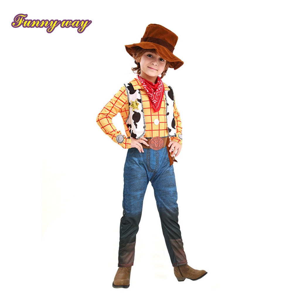 Woody คอสตูมคอสเพลย์ Toy Story ชุดฮาโลวีนเด็ก 3 ชิ้น บอดี้สูทลายสก๊อต หมวกคาวบอย ผ้าพันคอสีแดง