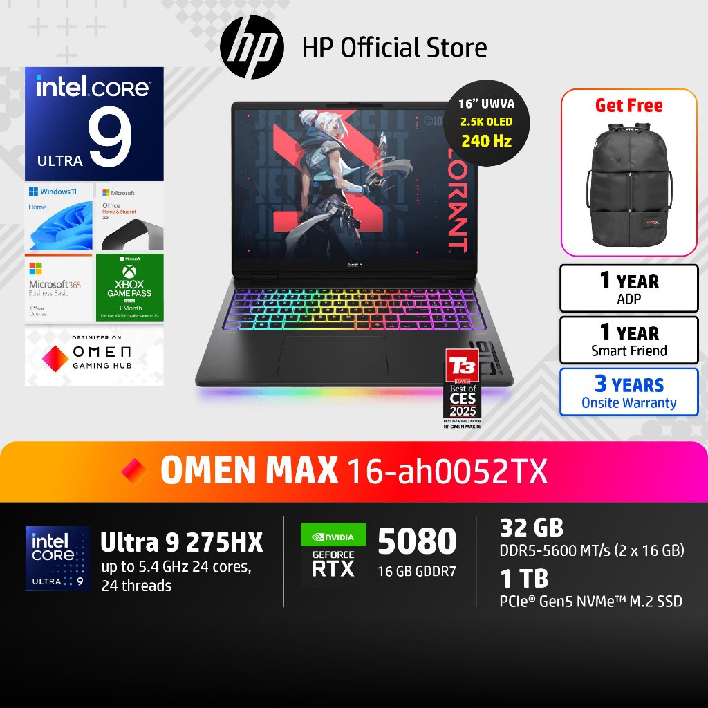 HP OMEN MAX | Intel Ultra 9-275HX | RTX5080 | 32GB/1TB | 16" IPS 240Hz | Win11 | 3Yrs | Laptop Gamin