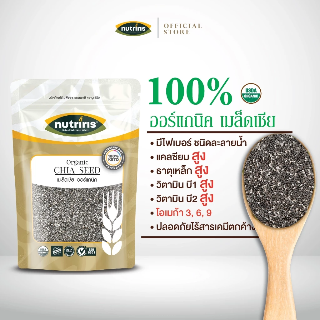 เมล็ดเจีย ออร์แกนิค 350 กรัม Exp.6/2027 ควบคุมน้ำหนัก ไม่หิวง่าย ถ่ายคล่อง จากเปรู ( Organic Chia Seed ) NUTRIRIS Brand
