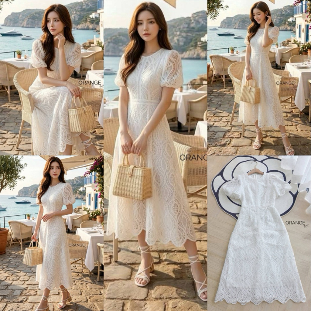 🧡พร้อมส่ง S-4XL🧡ป้าย Orange Juice💕เดรสลูกไม้สีขาว แขนพอง ผ้าดีงานสวย ใส่ได้ทุกโอกาส